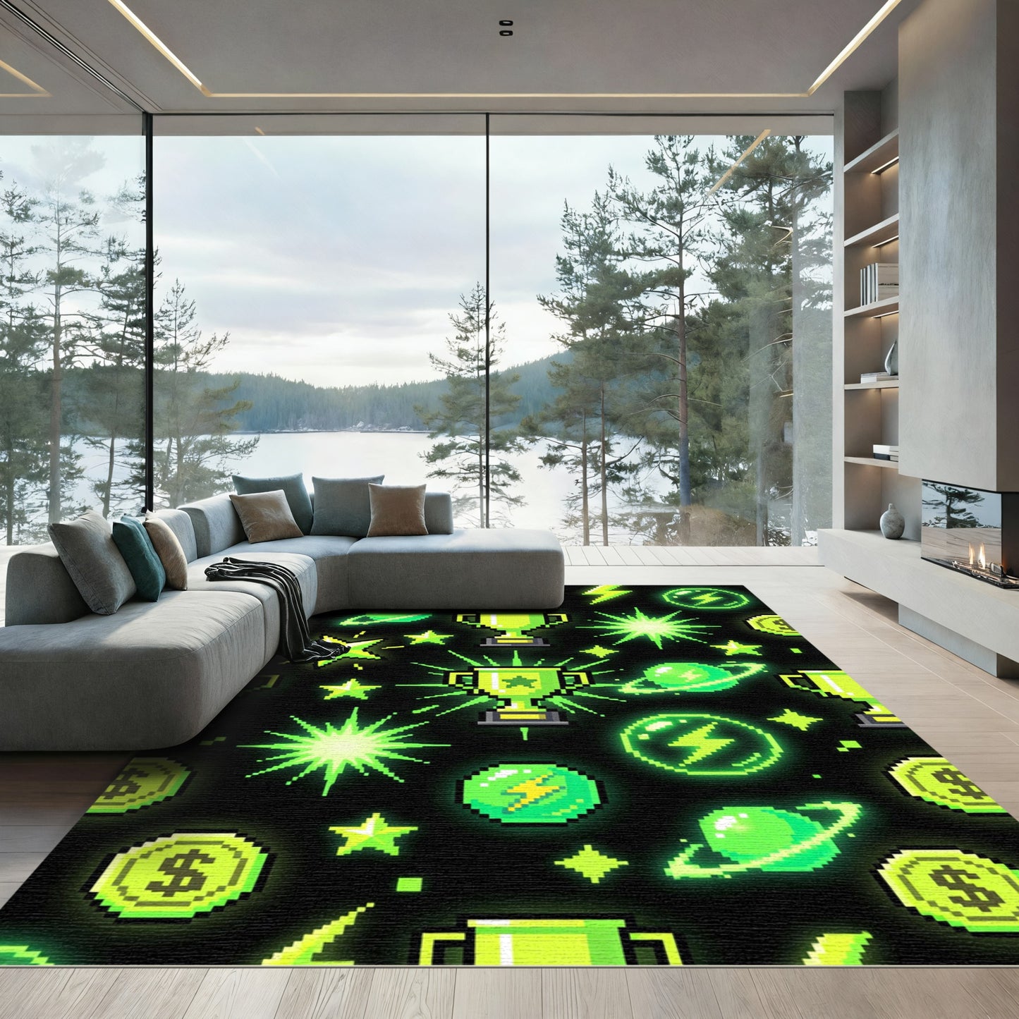 Neon Pixel Gaming Trophy Space Rug