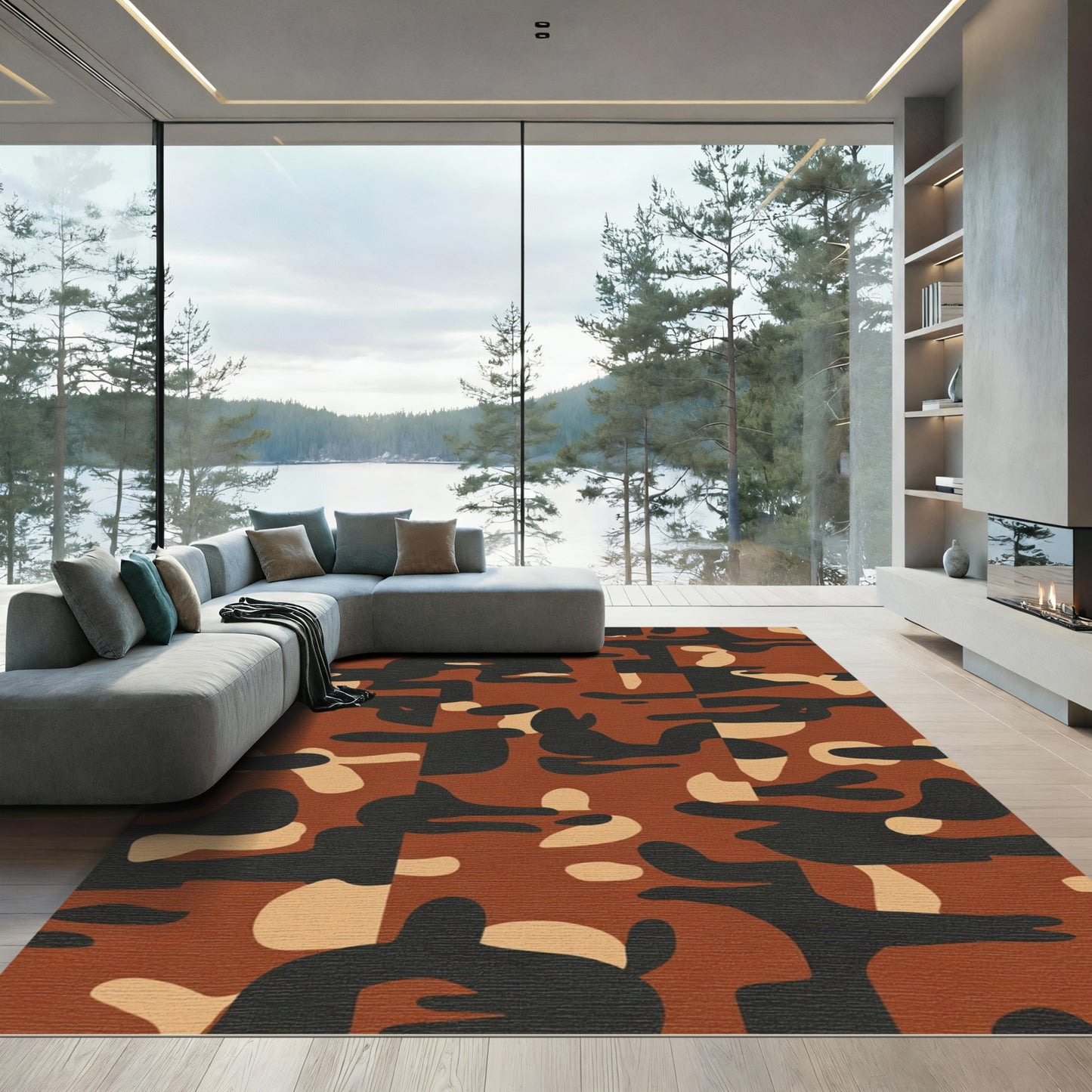 Russet Black Abstract Camouflage Rug