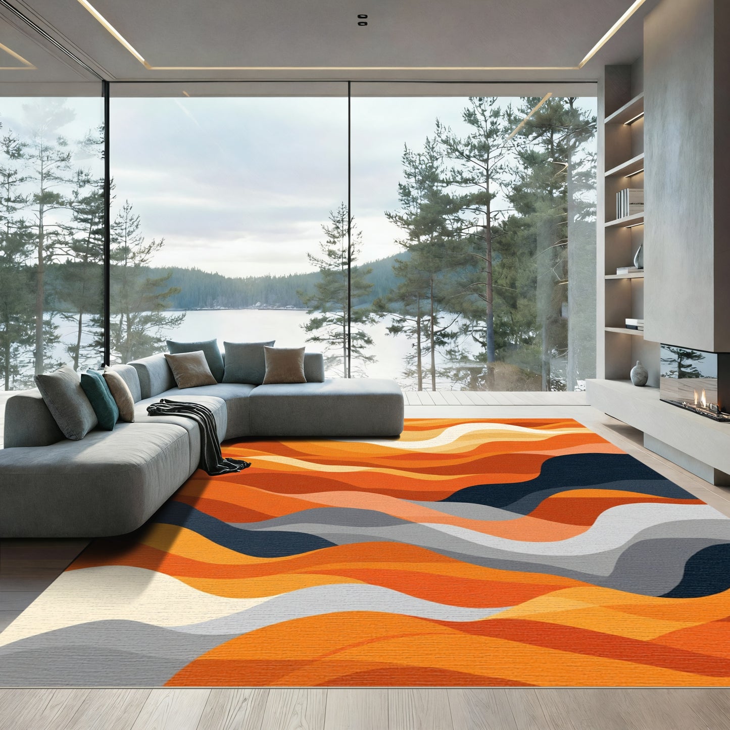 Warm Orange Abstract Layered Waves Rug