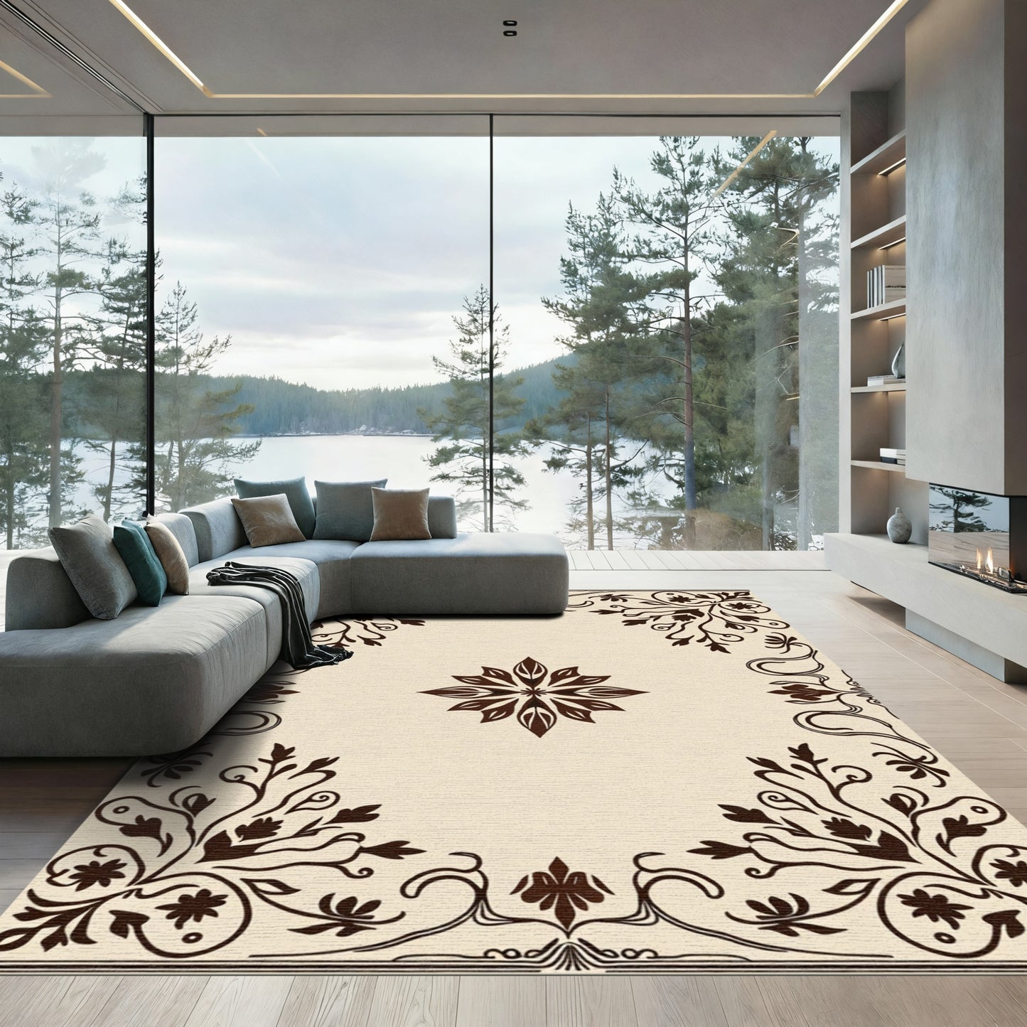 Elegant Cream Brown Floral Scroll Rug