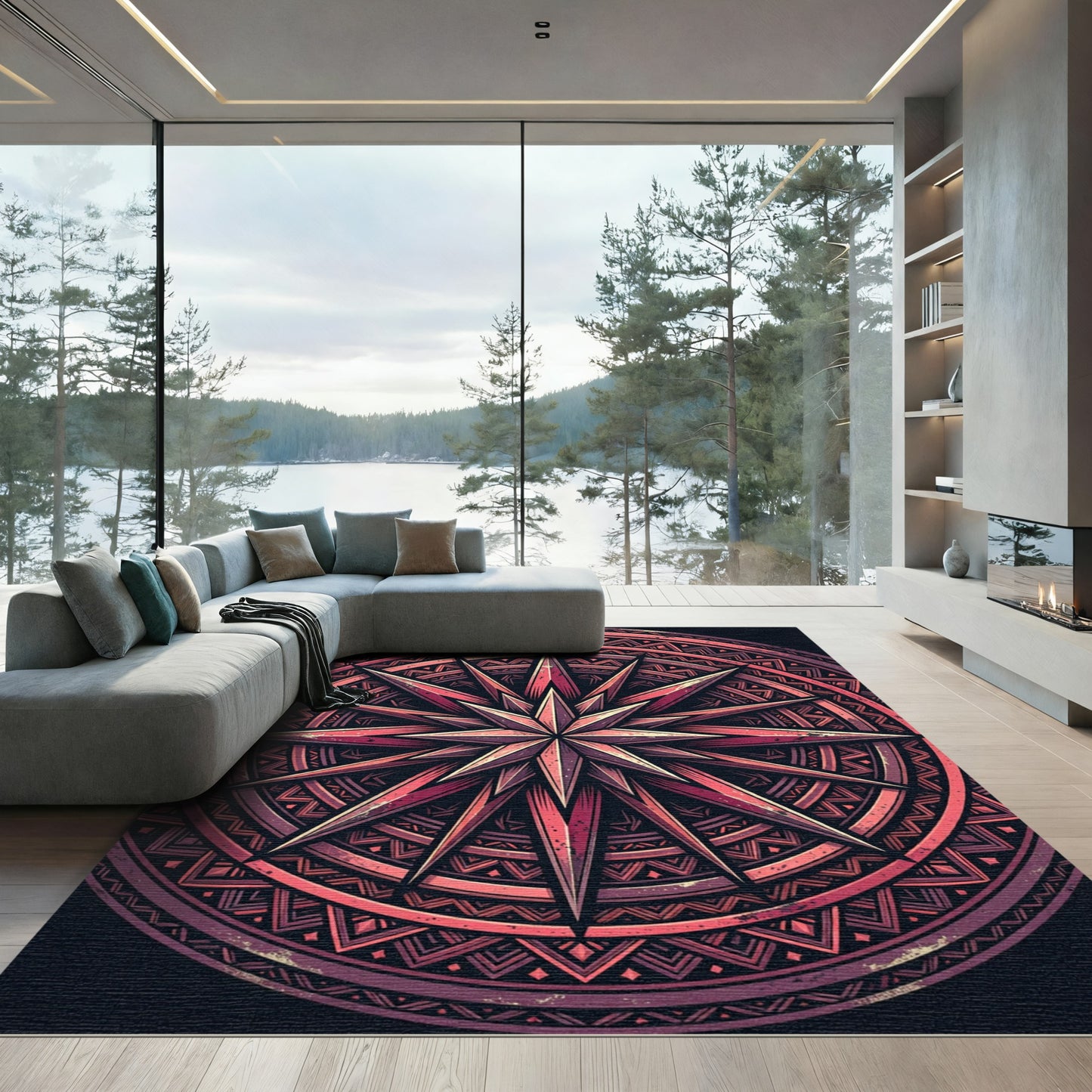 Dark Crimson Geometric Compass Star Rug