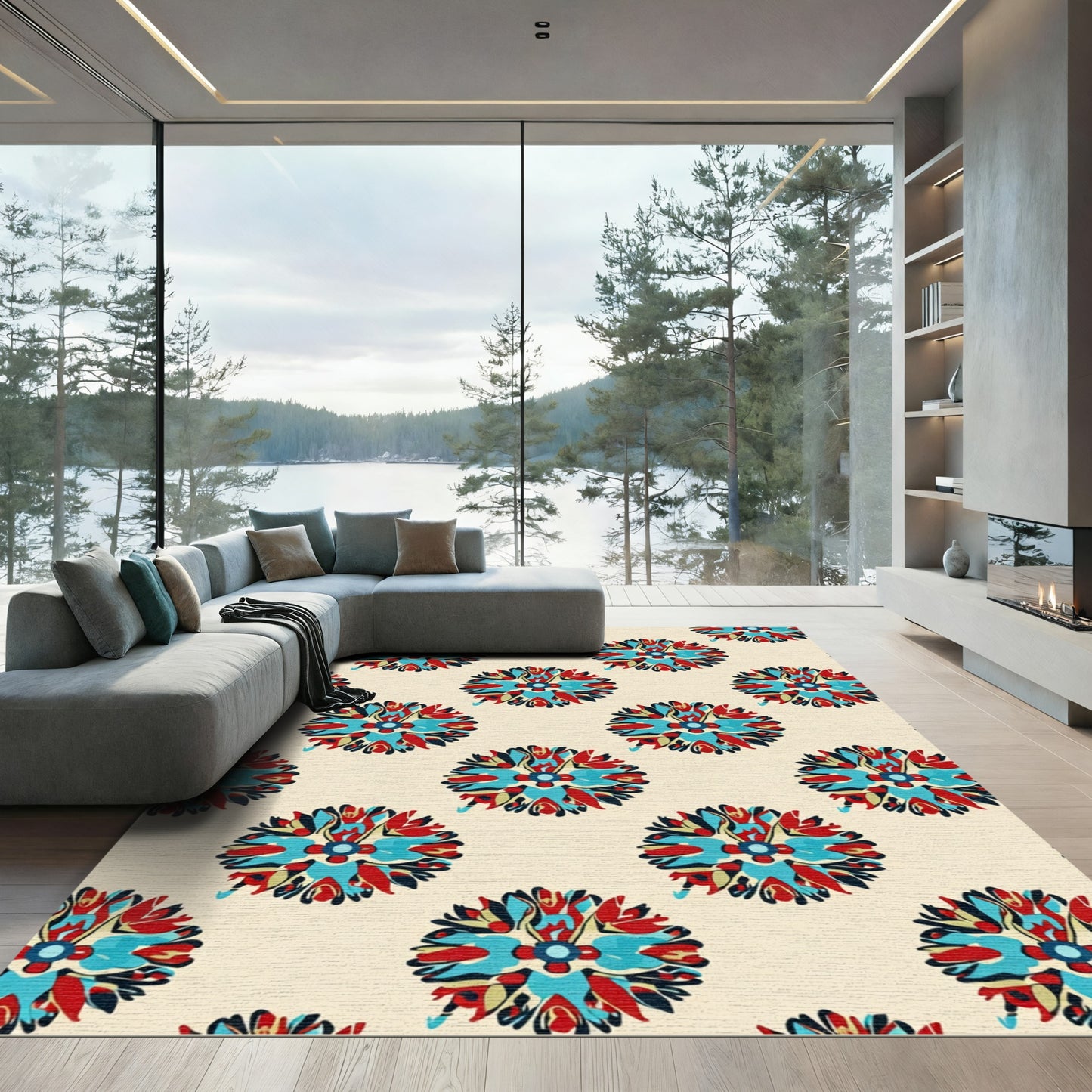 Crimson Teal Sunburst Floral Medallion Rug