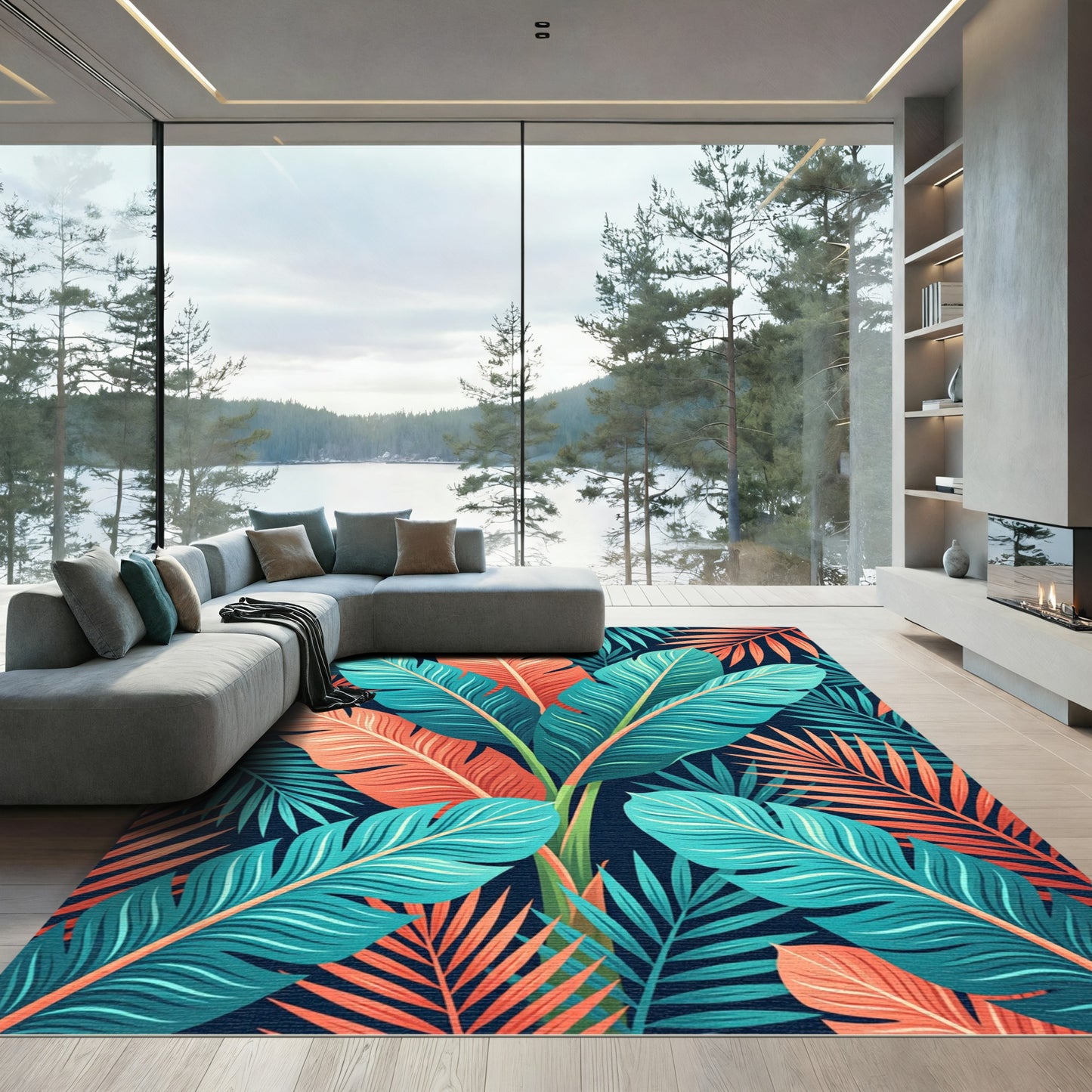 Vibrant Tropical Teal and Coral Foliage Rug