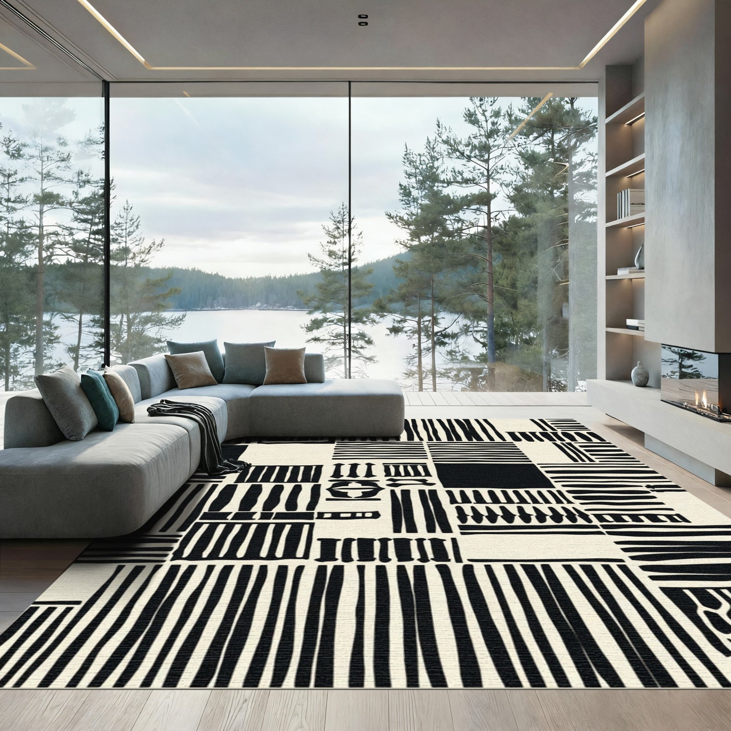 Bold Black White Patchwork Stripes Rug