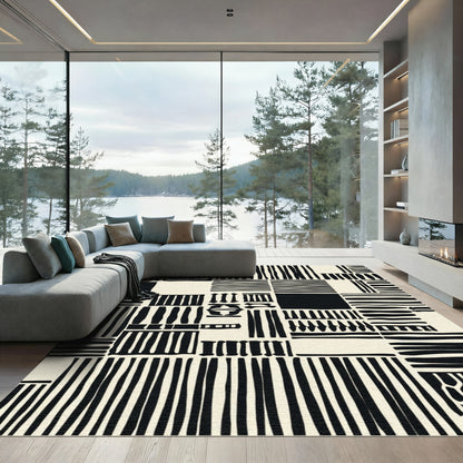 Bold Black White Patchwork Stripes Rug