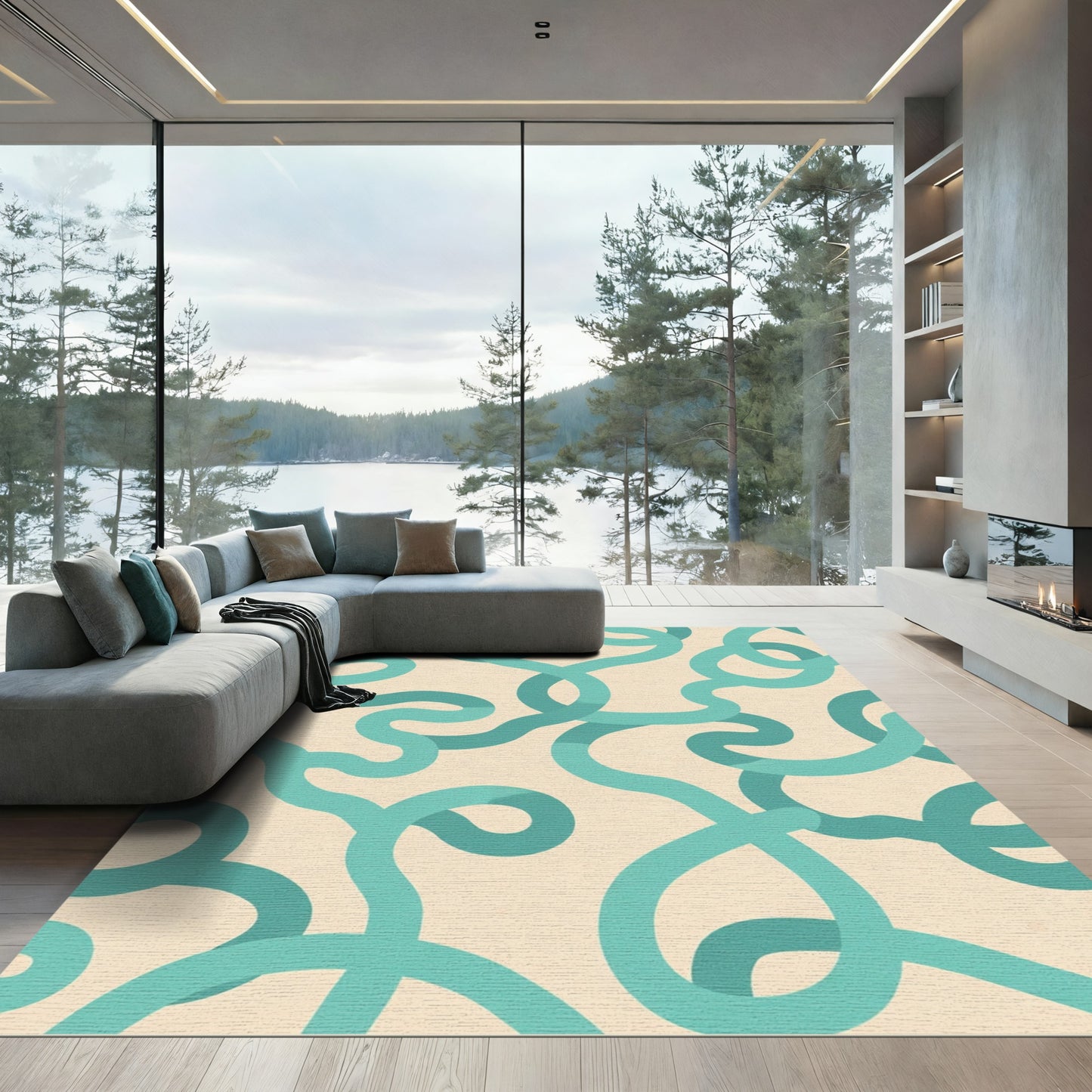 Teal Swirls On Cream Background Rug