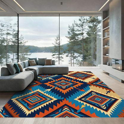 Bold Navy Tribal Geometric Diamond Rug