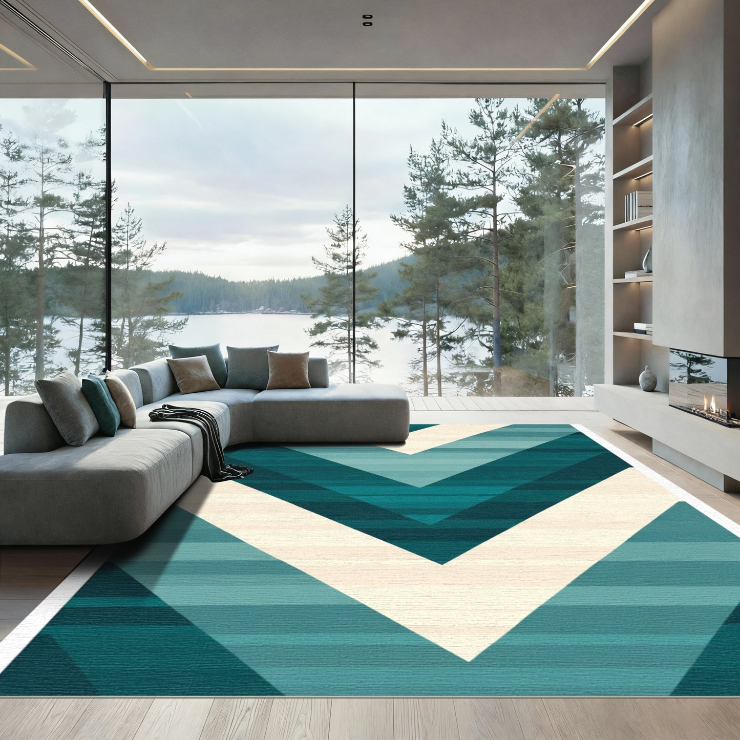 Teal Cream Gradient Chevron Stripes Rug