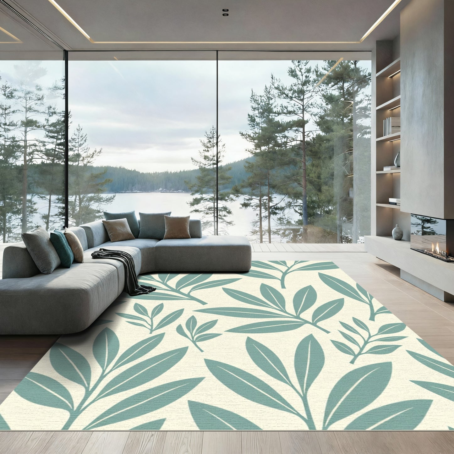 Teal Leaf Branches Cream Background Rug