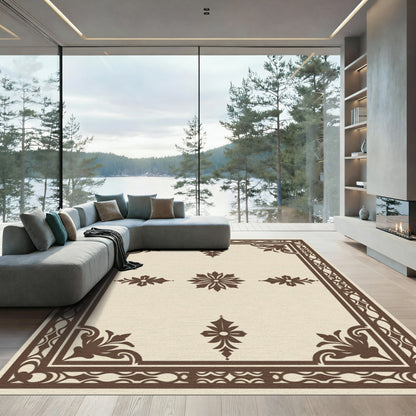 Ornate Brown Floral Medallion Cream Rug