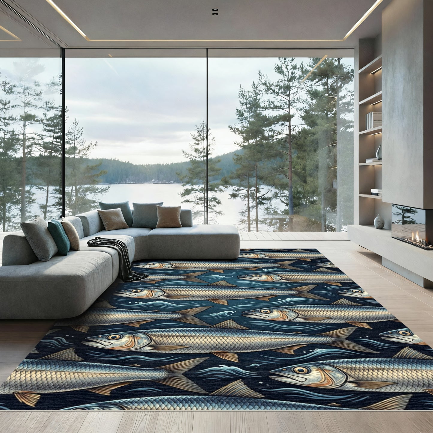 Midnight Blue Herring School Coastal Art Rug