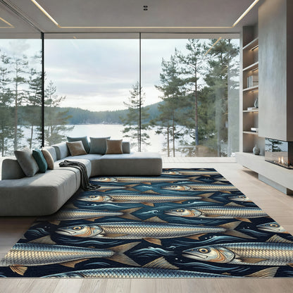 Midnight Blue Herring School Coastal Art Rug