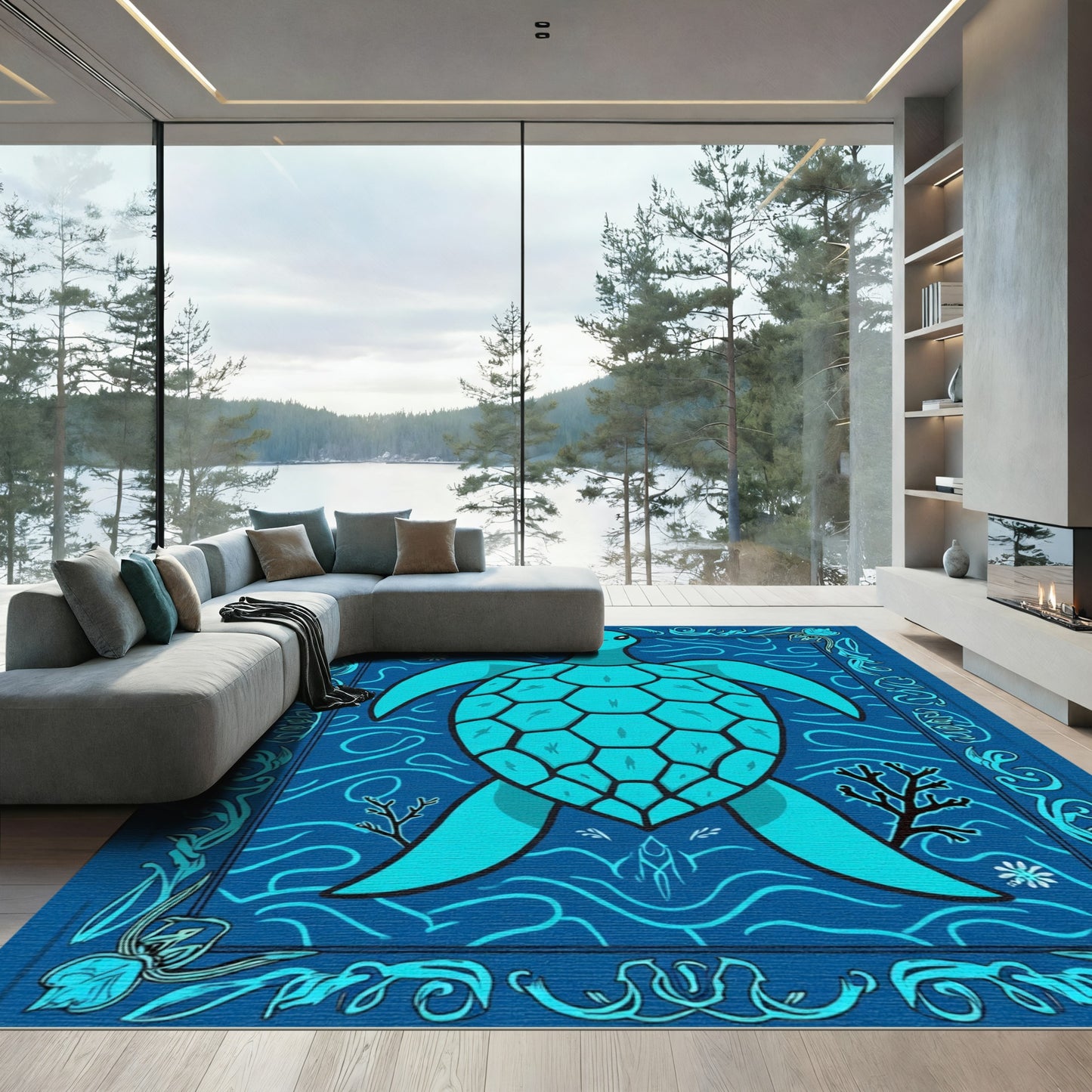 Aqua Turtle Ocean Waves Border Rug