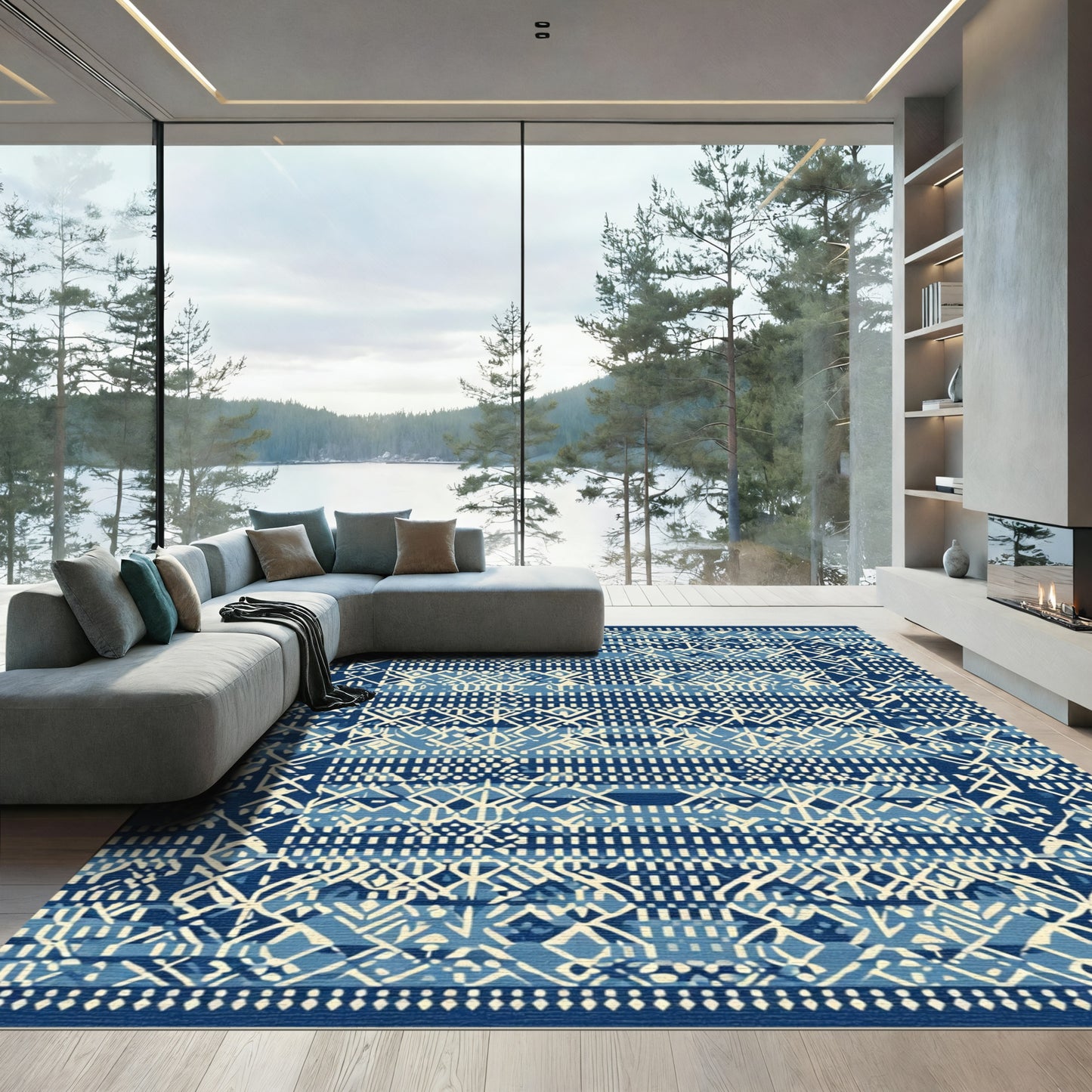 Indigo And Cream Geometric Tribal Rug