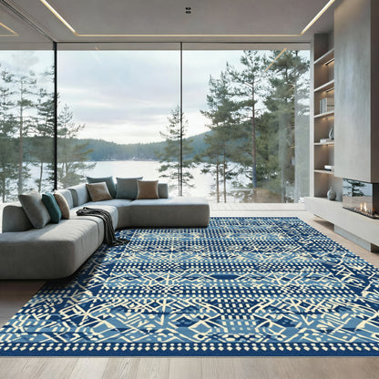 Indigo And Cream Geometric Tribal Rug