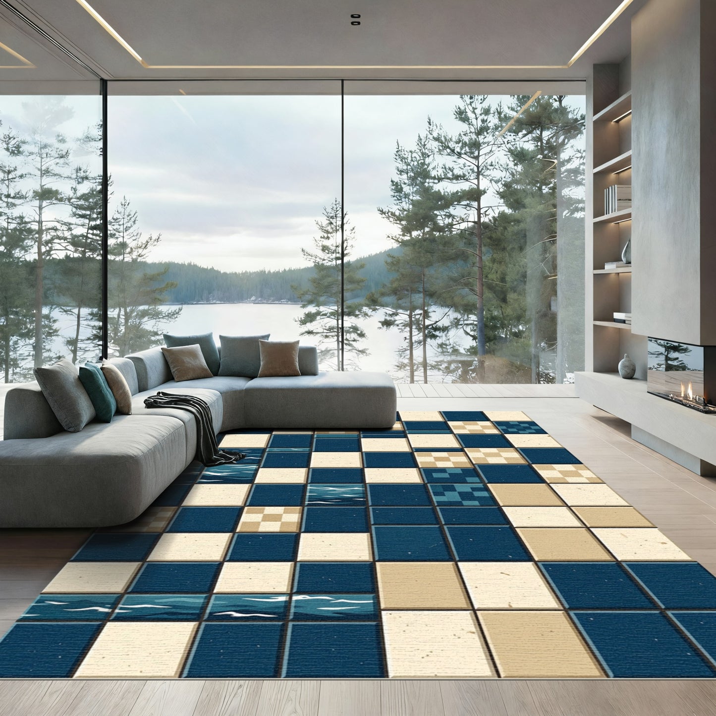 Modern Navy Cream Geometric Water Grid Rug
