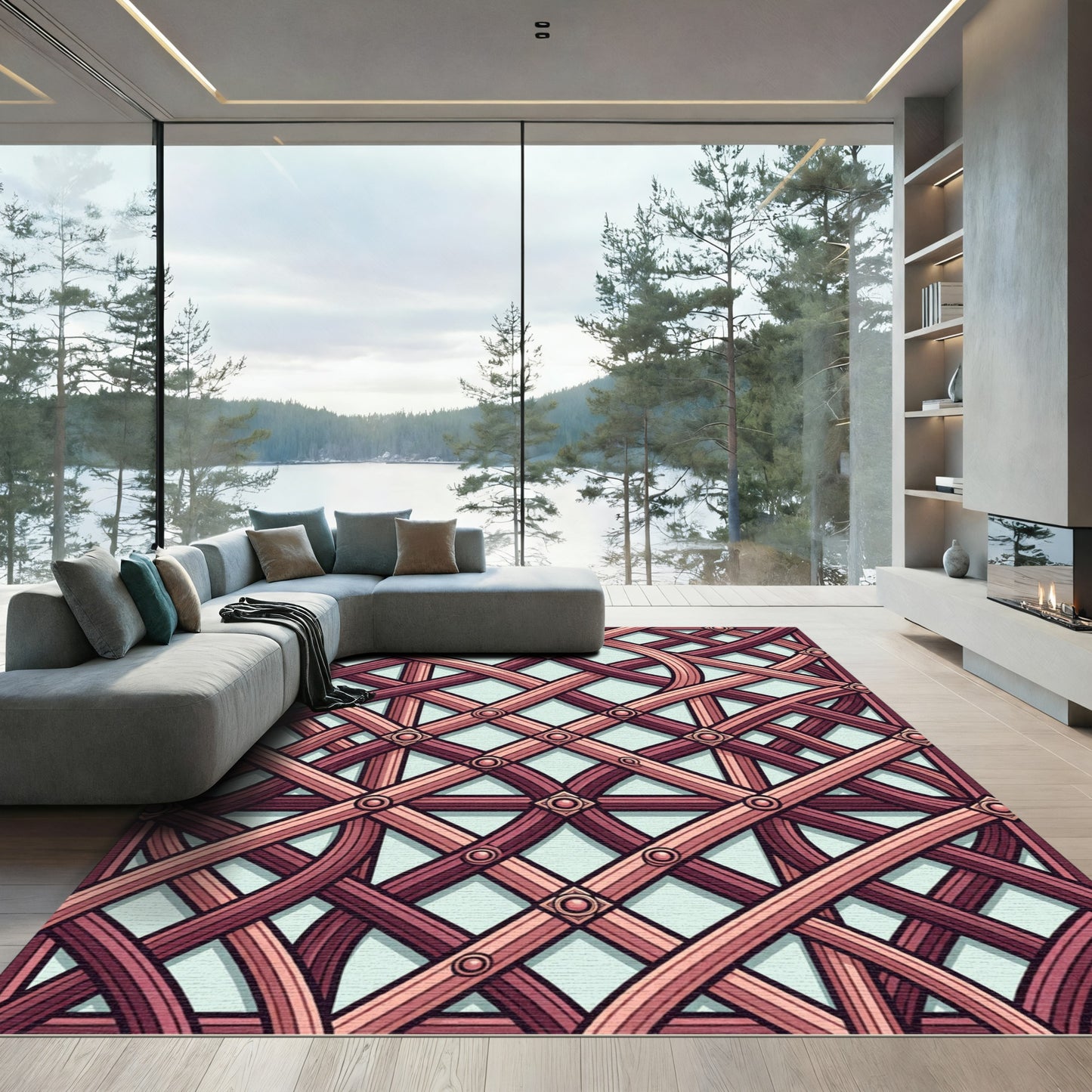 Crimson Mauve Interlocking Lattice Rug