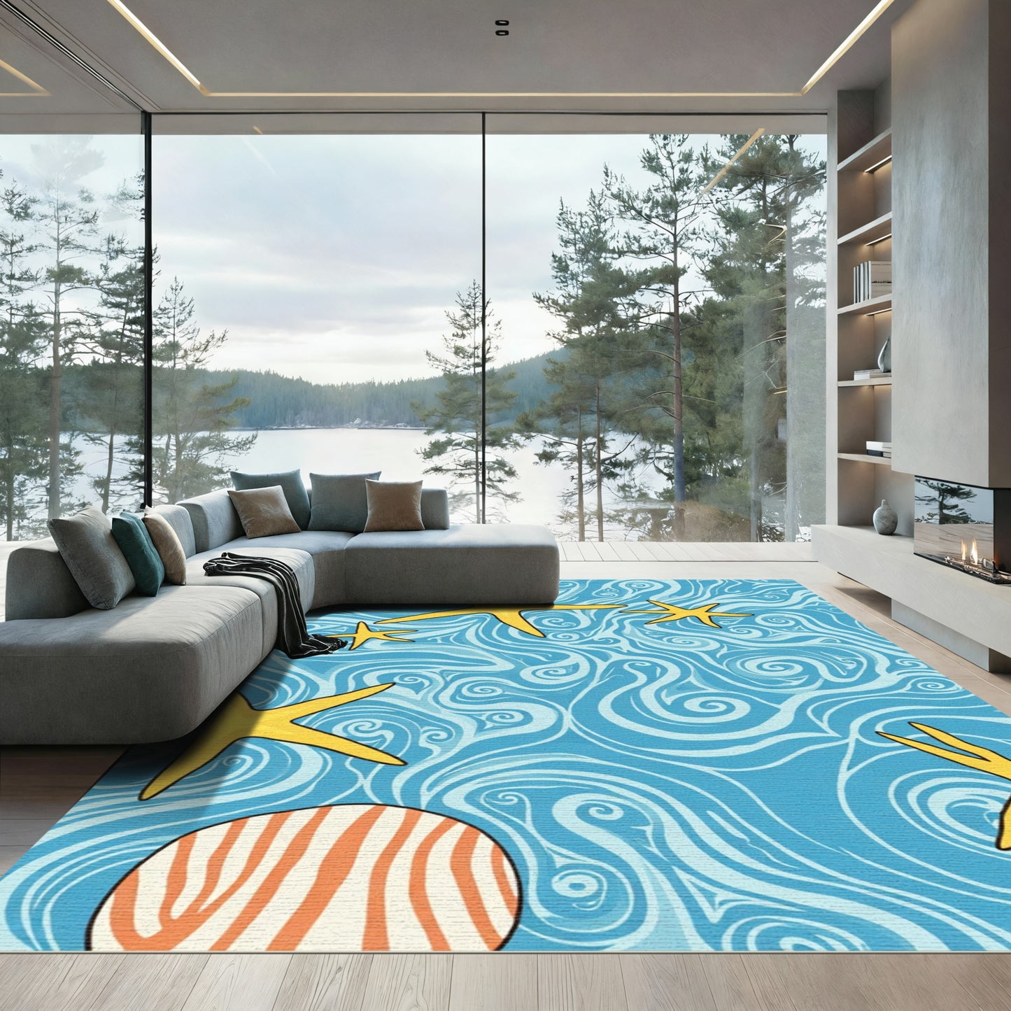Yellow Starfish Blue Swirl Ocean Rug