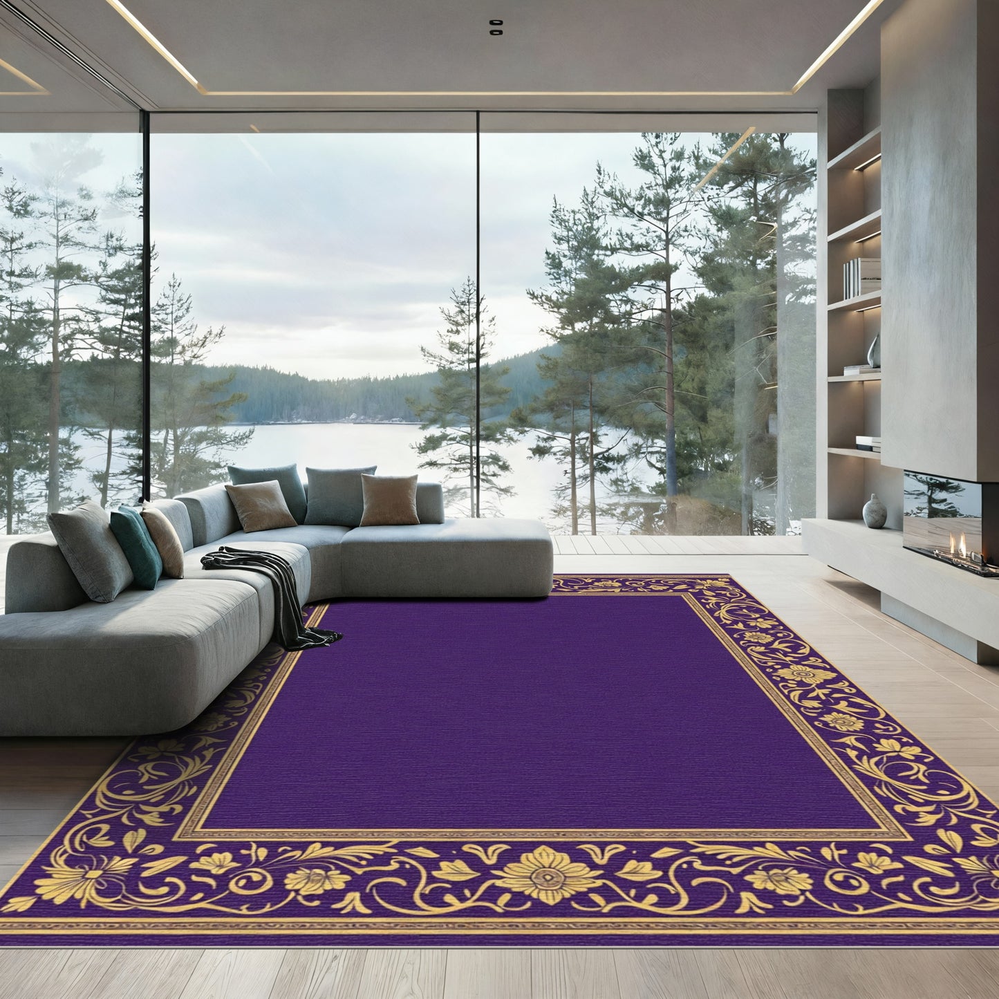 Royal Purple Golden Floral Border Rug