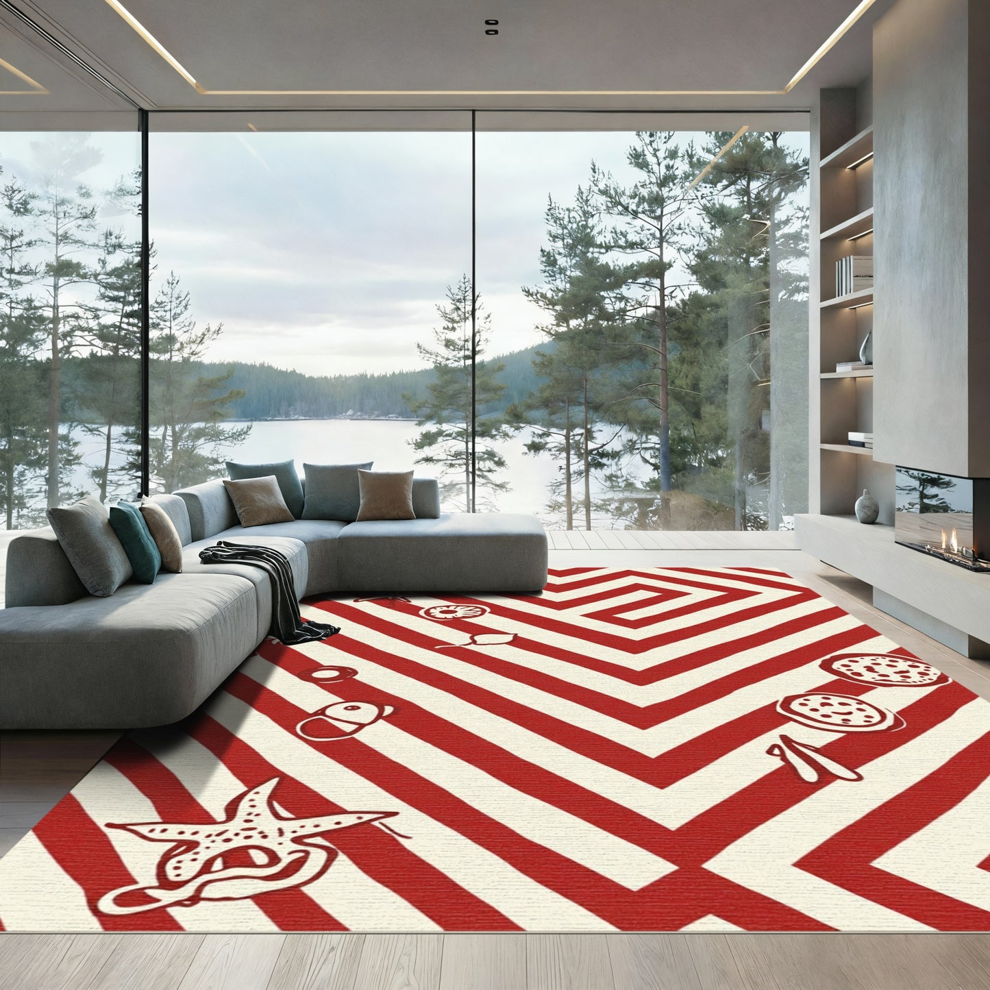 Red Cream Striped Nautical Elements Rug