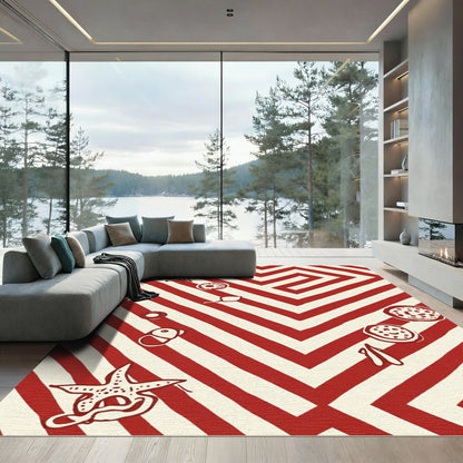 Red Cream Striped Nautical Elements Rug