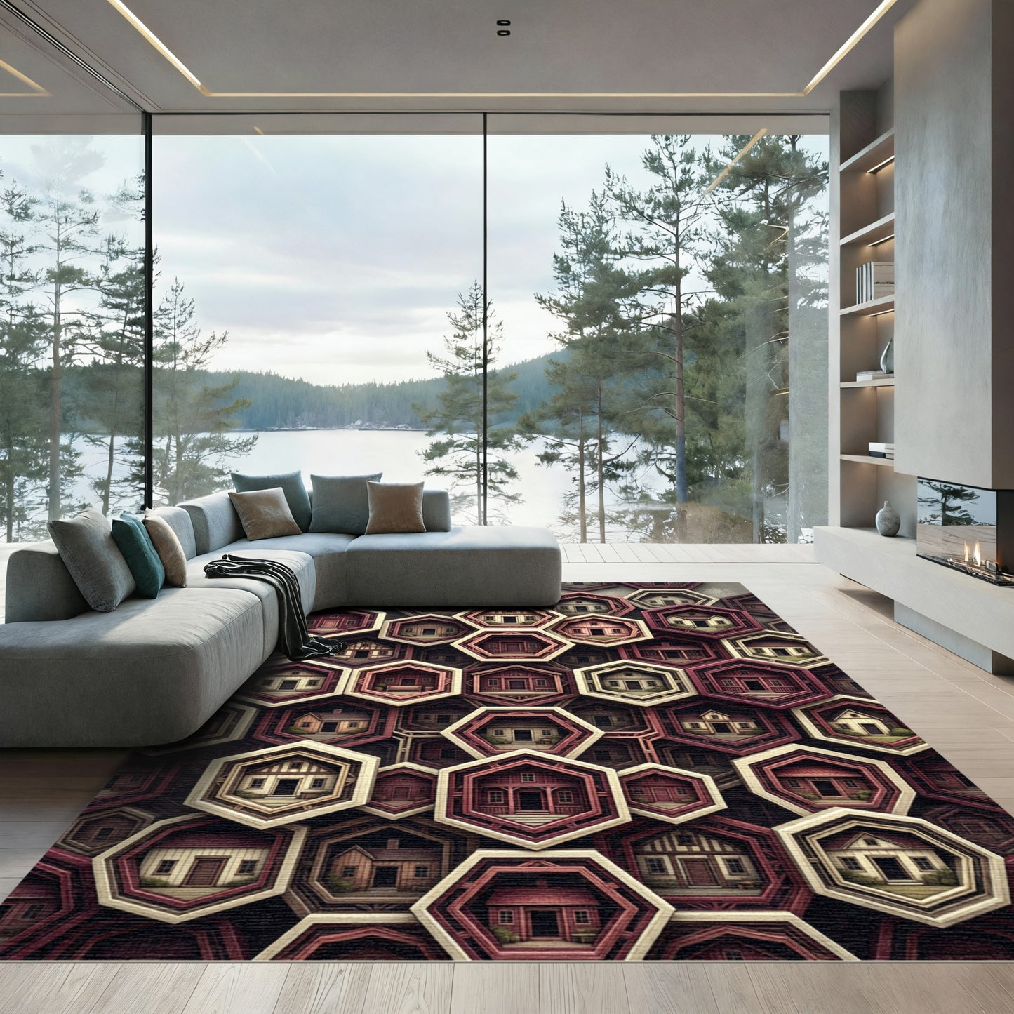 Geometric Hexagon Crimson Cottage Grid Rug