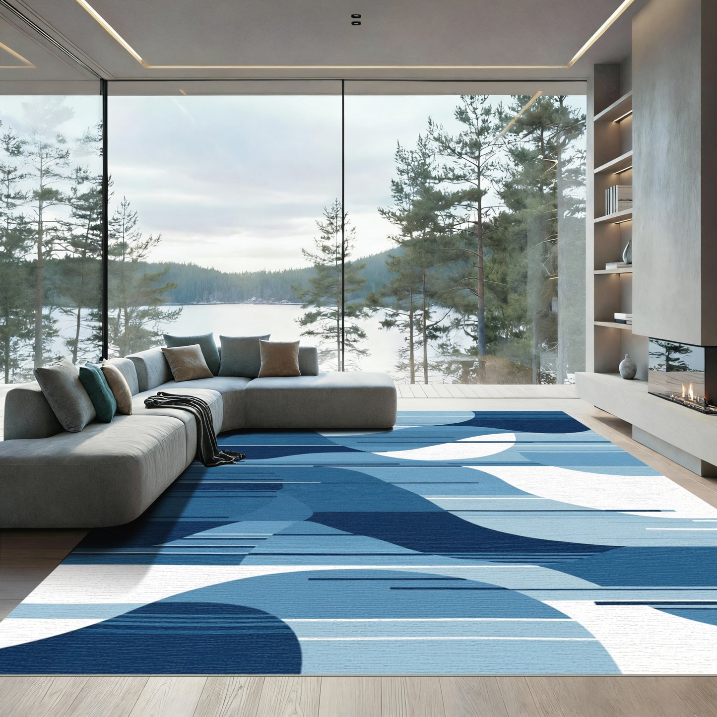Abstract Blue Wave Stripe Composition Rug