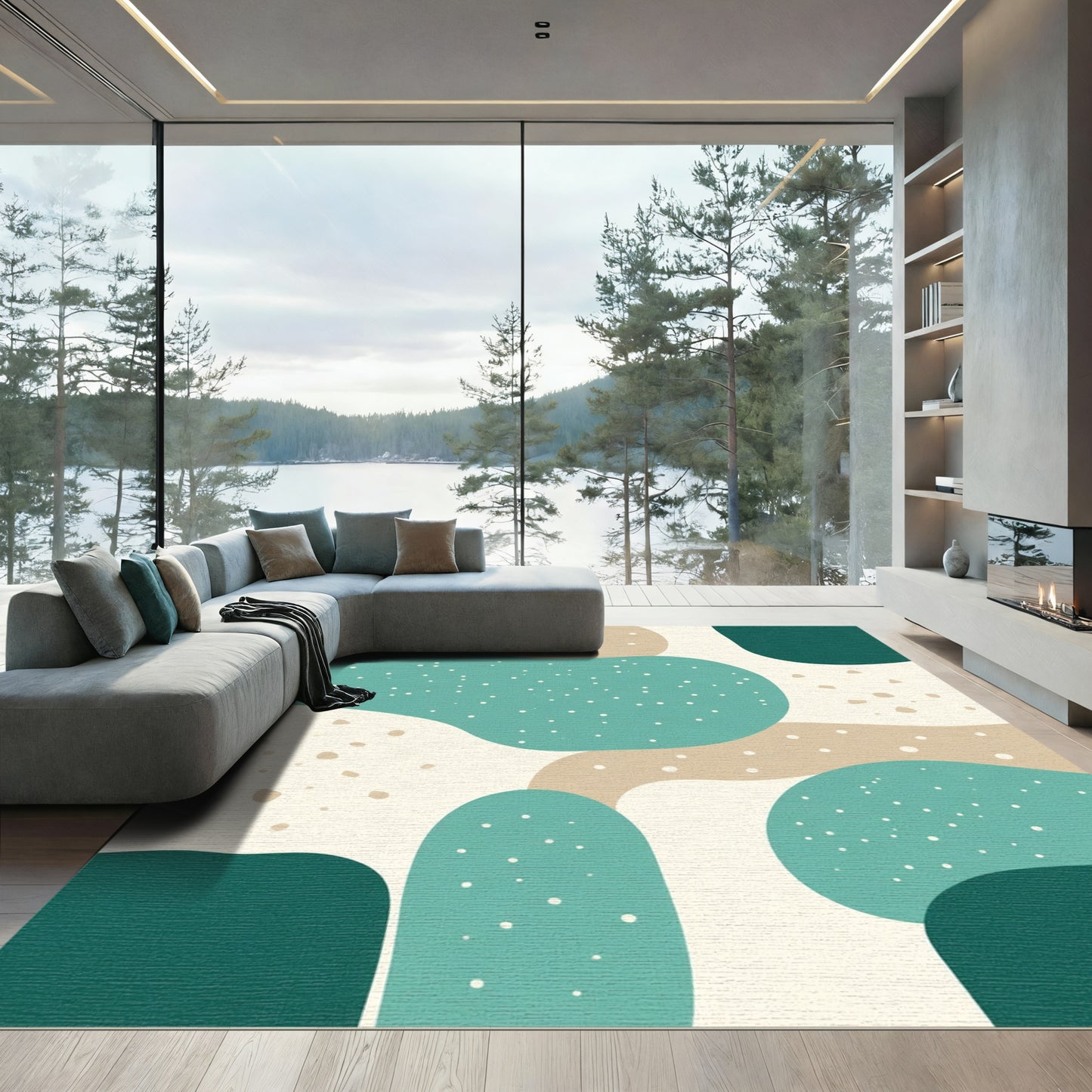 Abstract Teal Tan Organic Shapes Rug