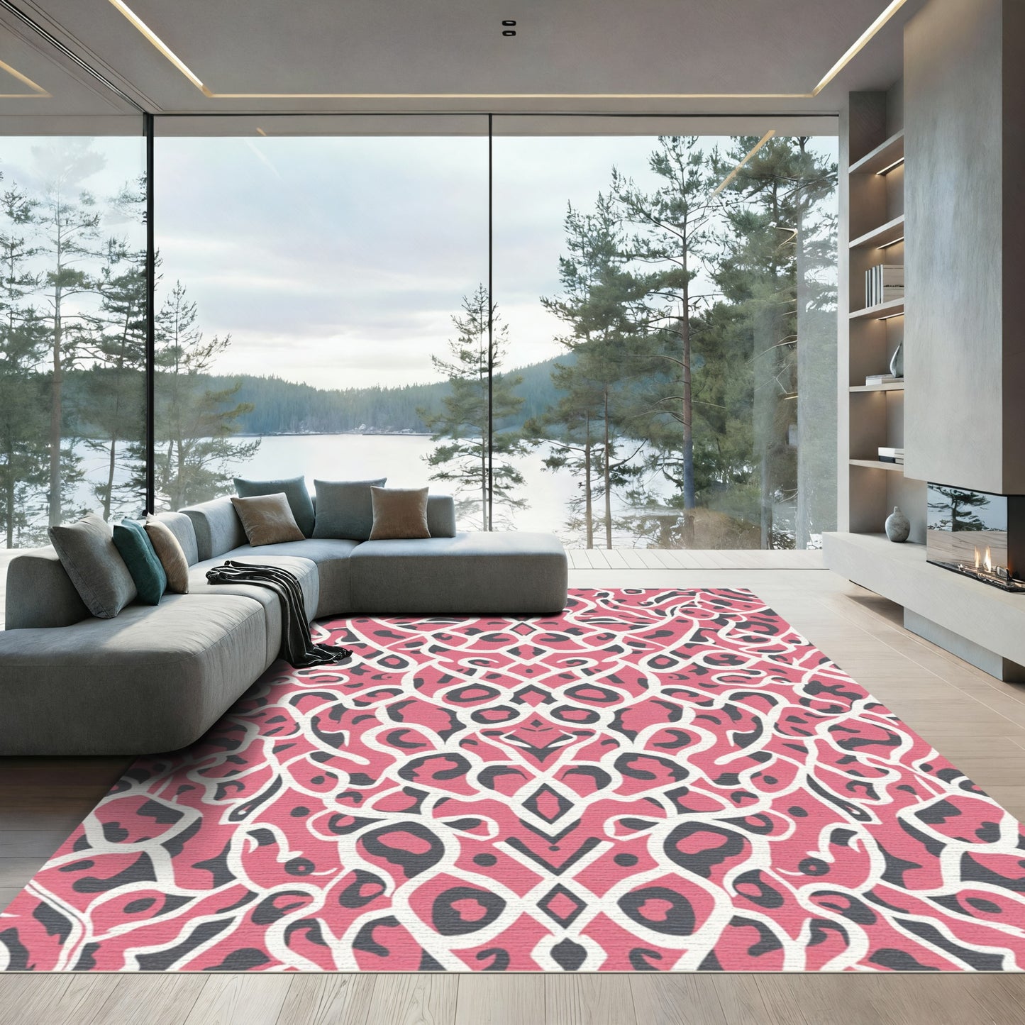 Coral Animal Print Lace Overlay Rug