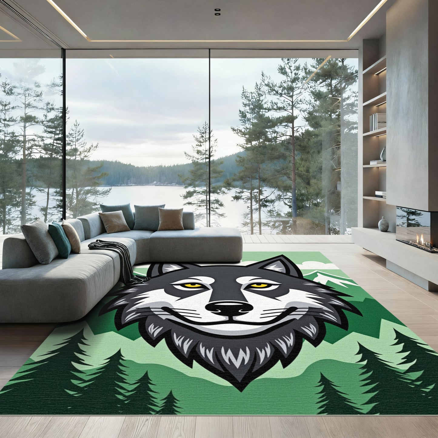 Forest Wolf Cool Mountain Landscape Rug
