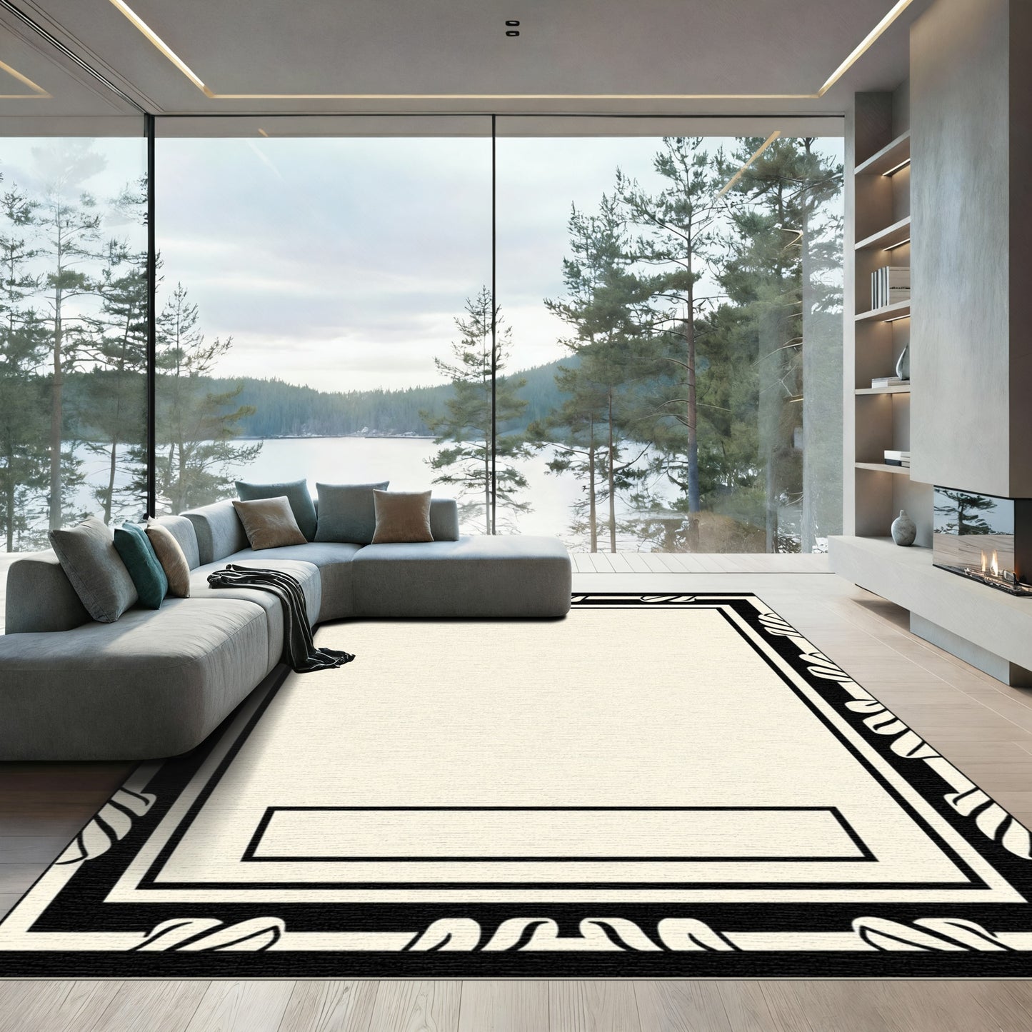 Cream Black Leaf Border Rectangular Rug
