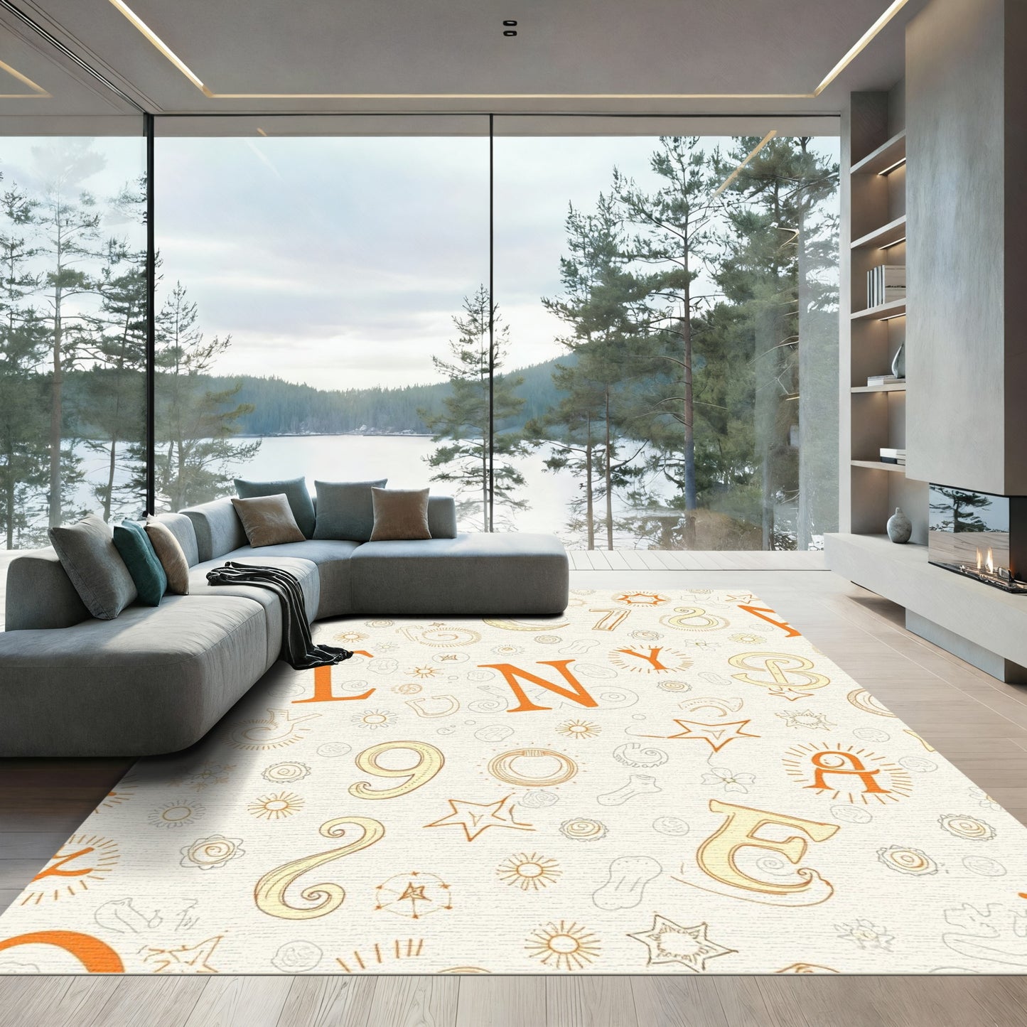 Orange Alphabet Whimsical Line Art Rug