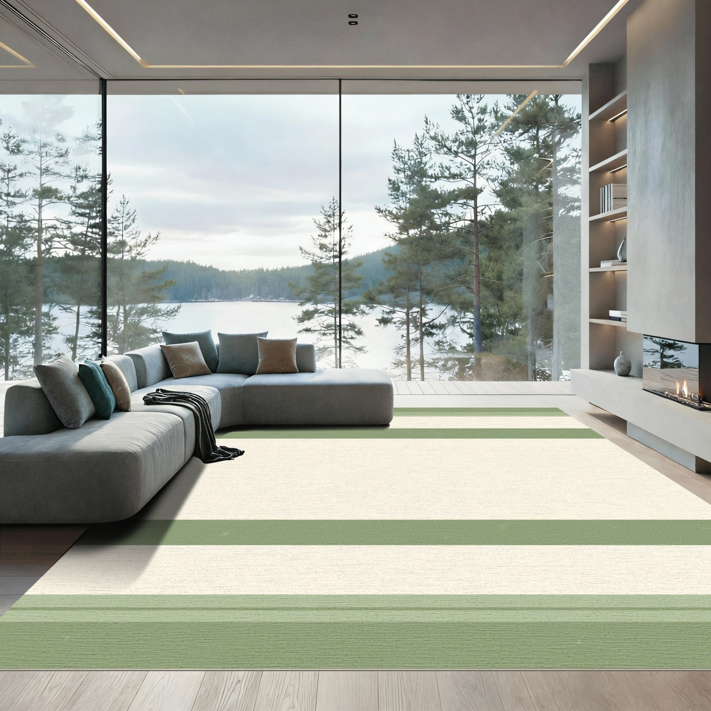 Sage Green Cream Wide Stripe Rug