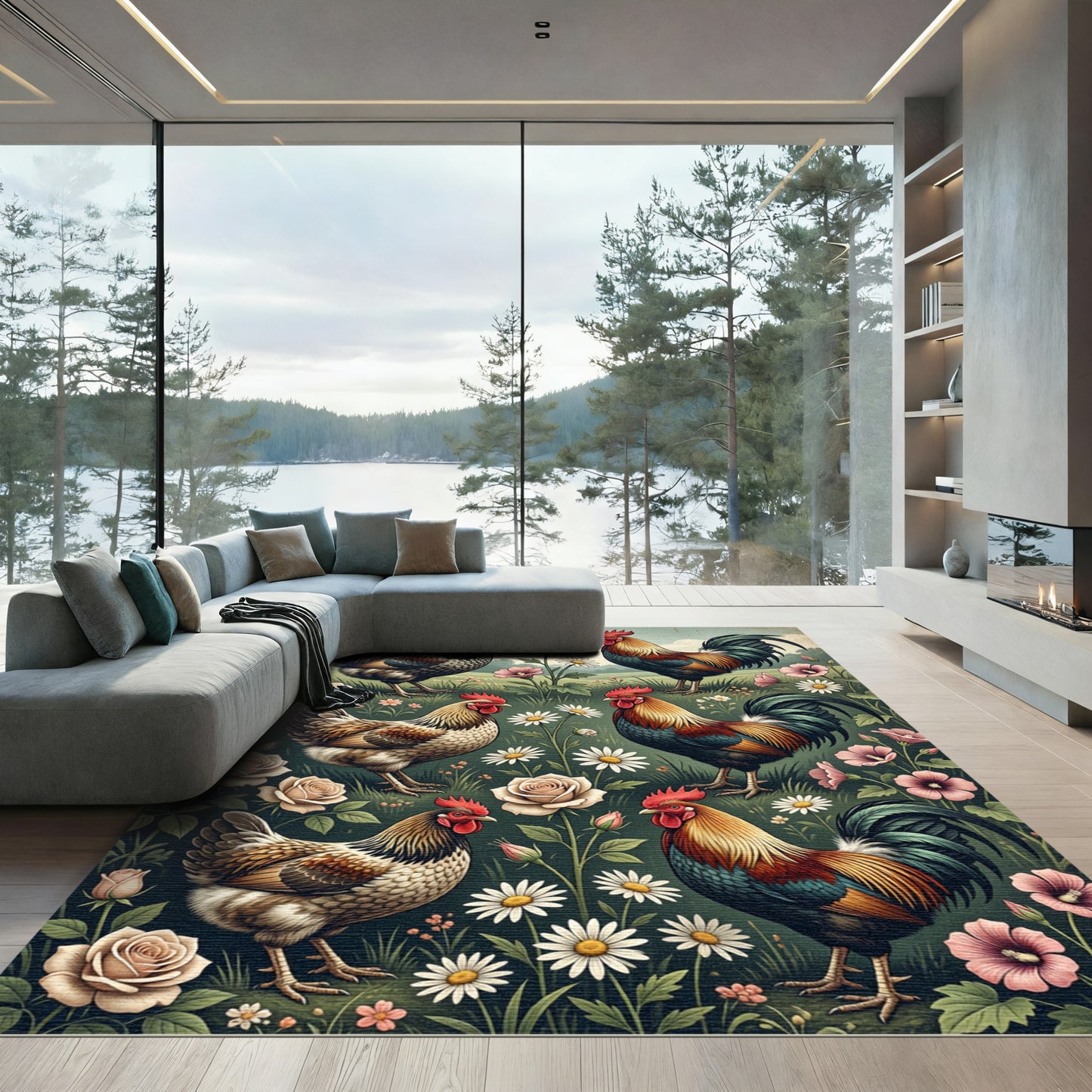 Rooster and Wildflower Folk Art Illustration Rug