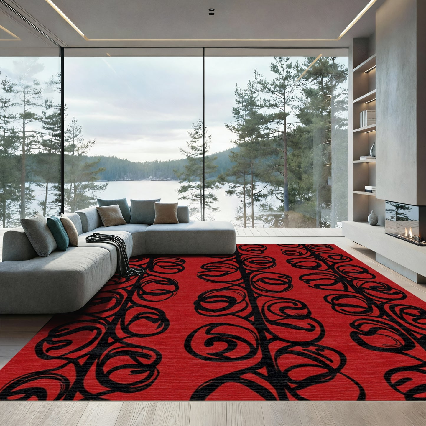 Crimson Black Vine Swirl Rug
