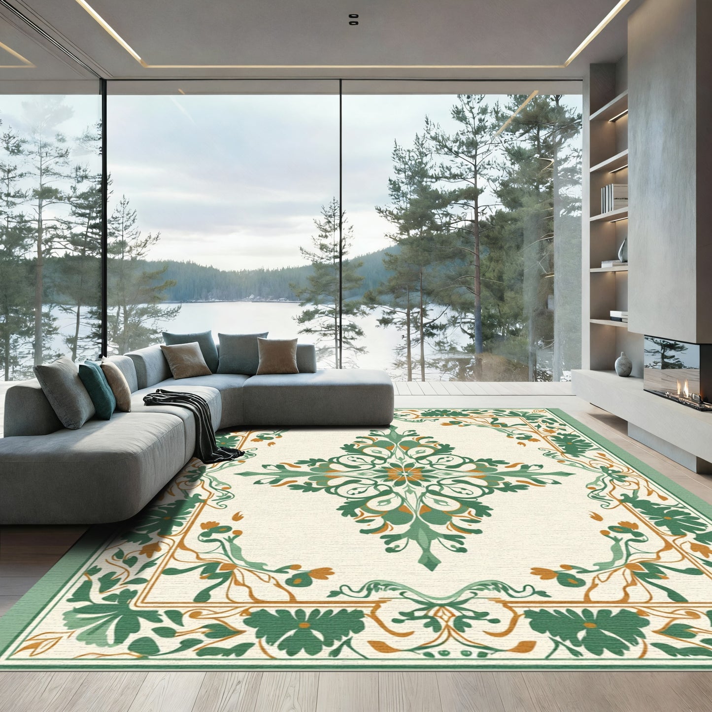 Emerald Orange Floral Medallion Composition Rug