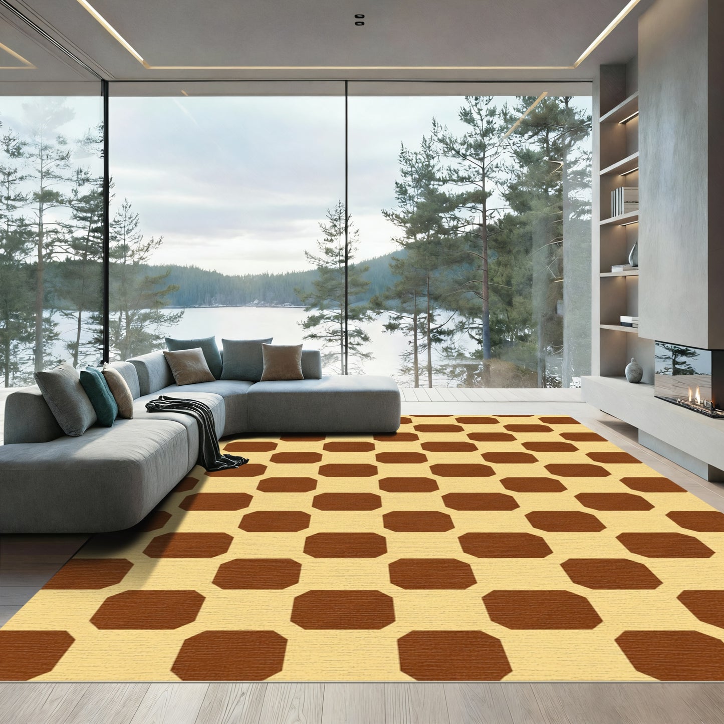 Warm Brown Octagon Geometric Rug