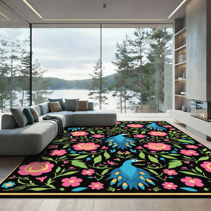 Vibrant Blue Peacocks And Roses Rug