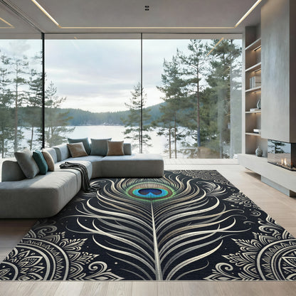 Elegant Peacock Feather Gold Mandala Rug