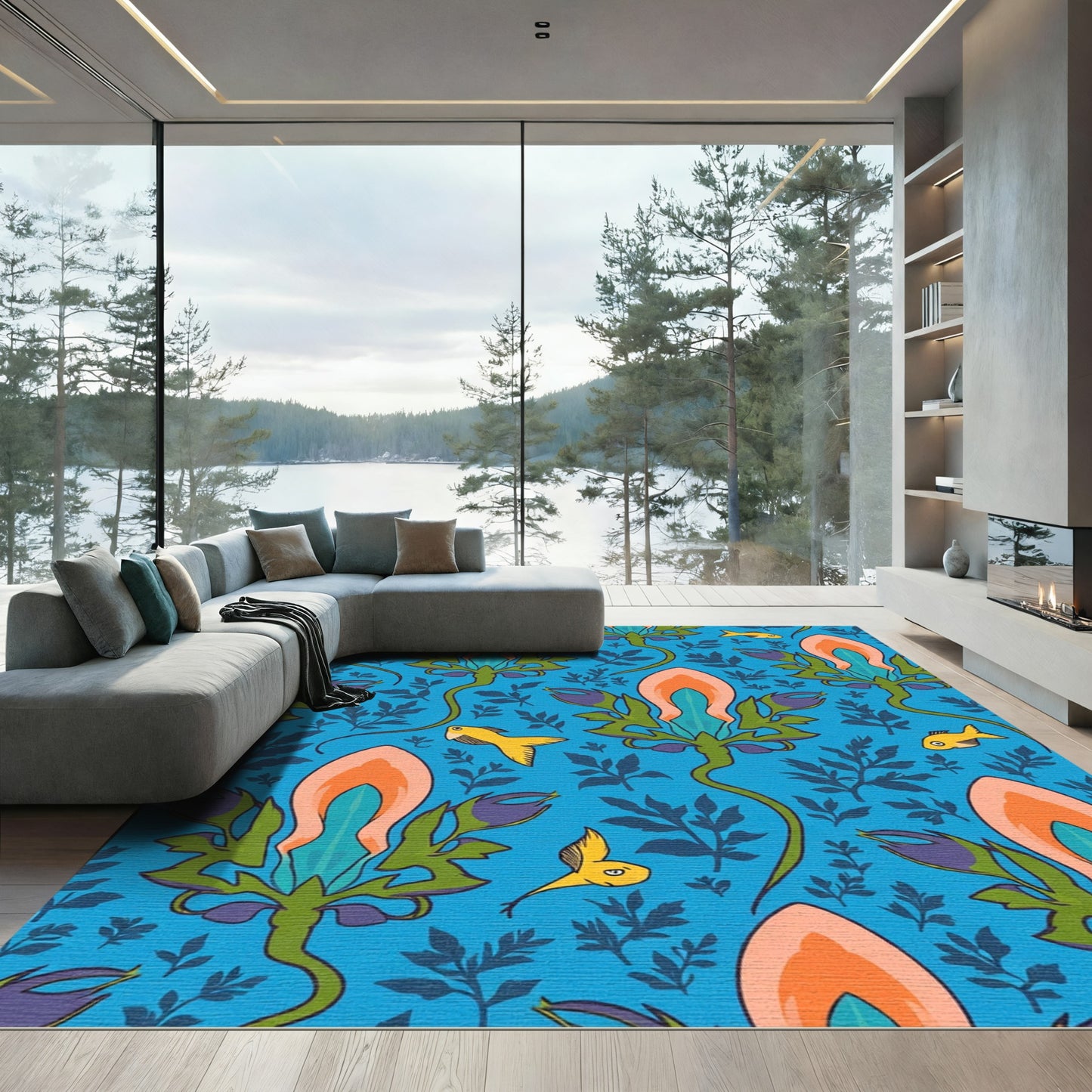 Whimsical Blue Floral Fish Motif Rug