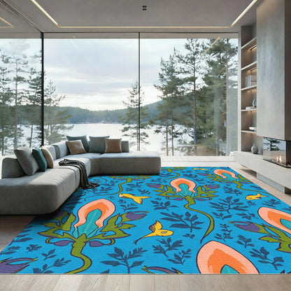Whimsical Blue Floral Fish Motif Rug