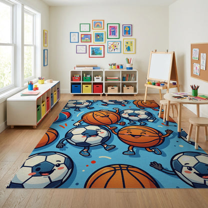 Playful Cartoon Soccer Basketball Dancing Rug