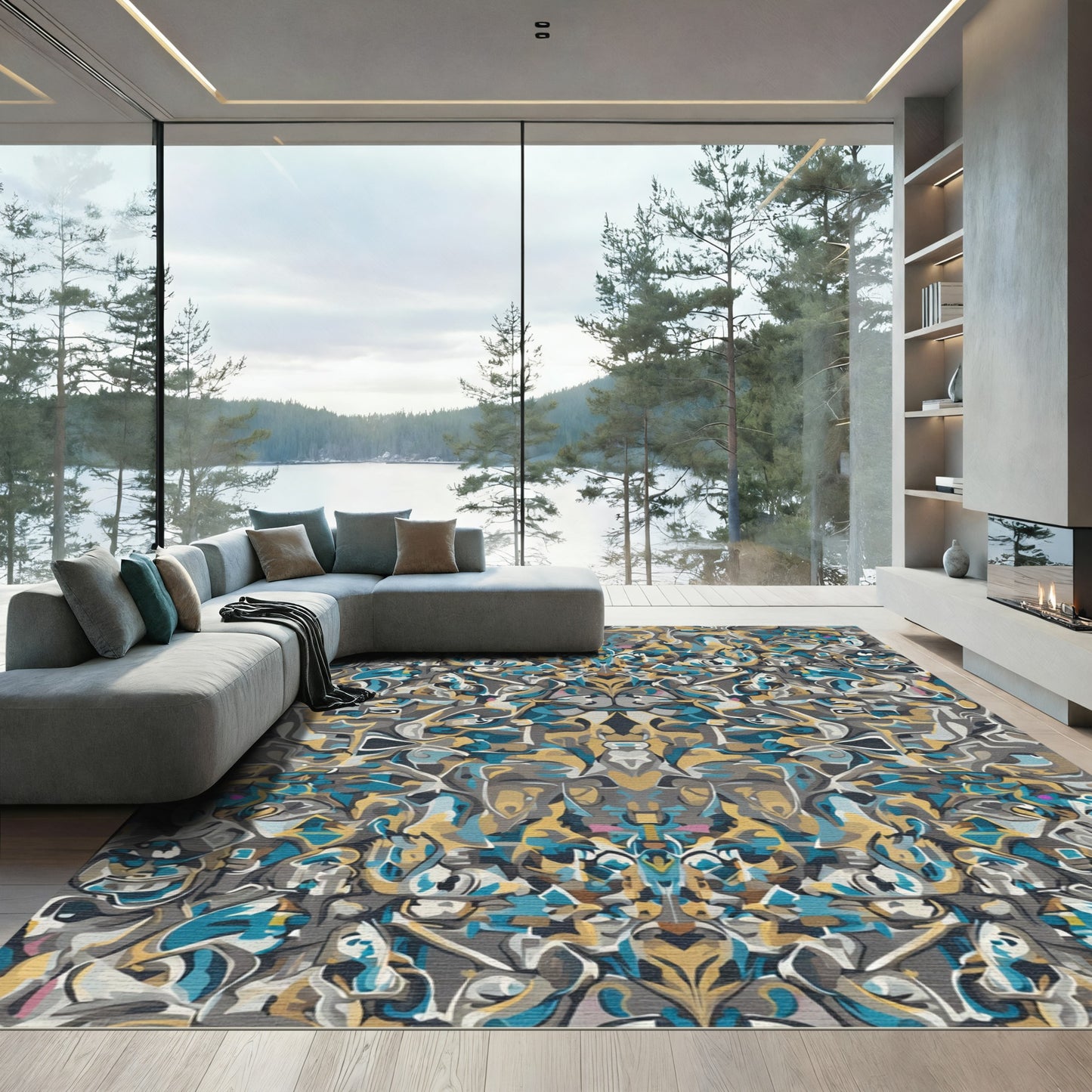 Abstract Blue Gold Gray Fusion Rug
