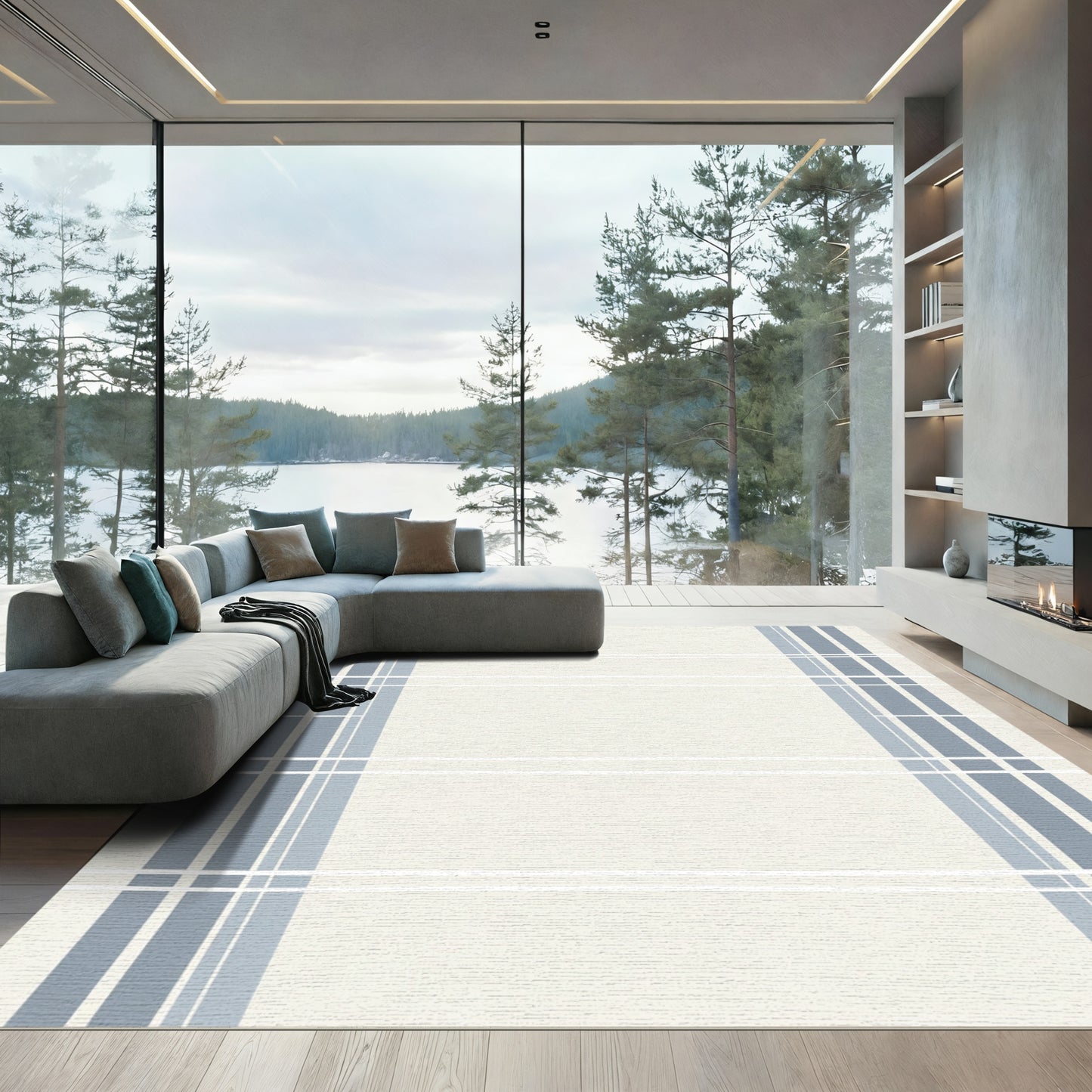 Classic Blue White Plaid Stripe Rug
