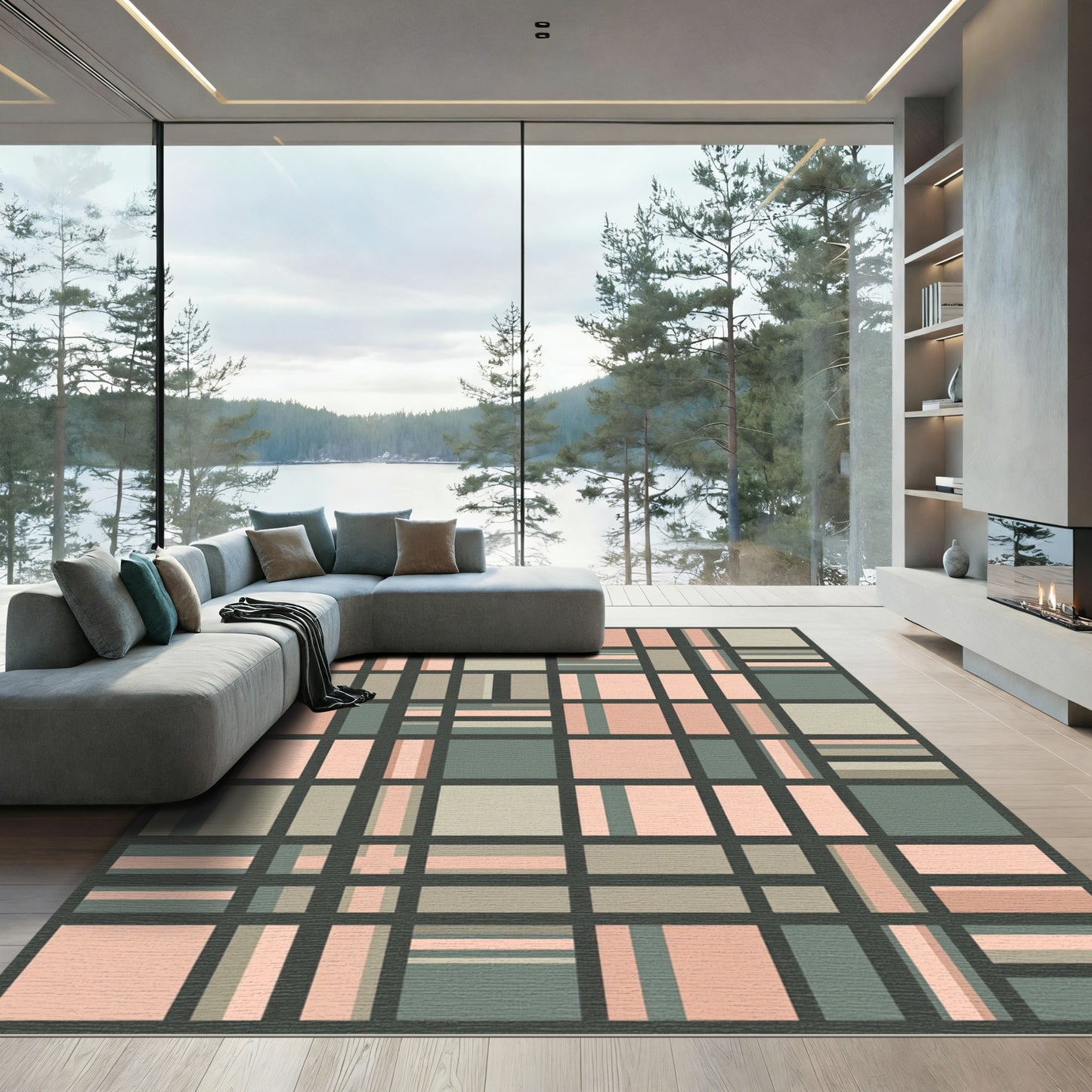 Subtle Peach Gray Plaid Composition Rug