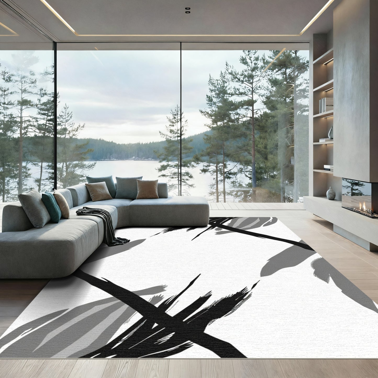 Monochromatic Abstract Brushstroke Frame Rug