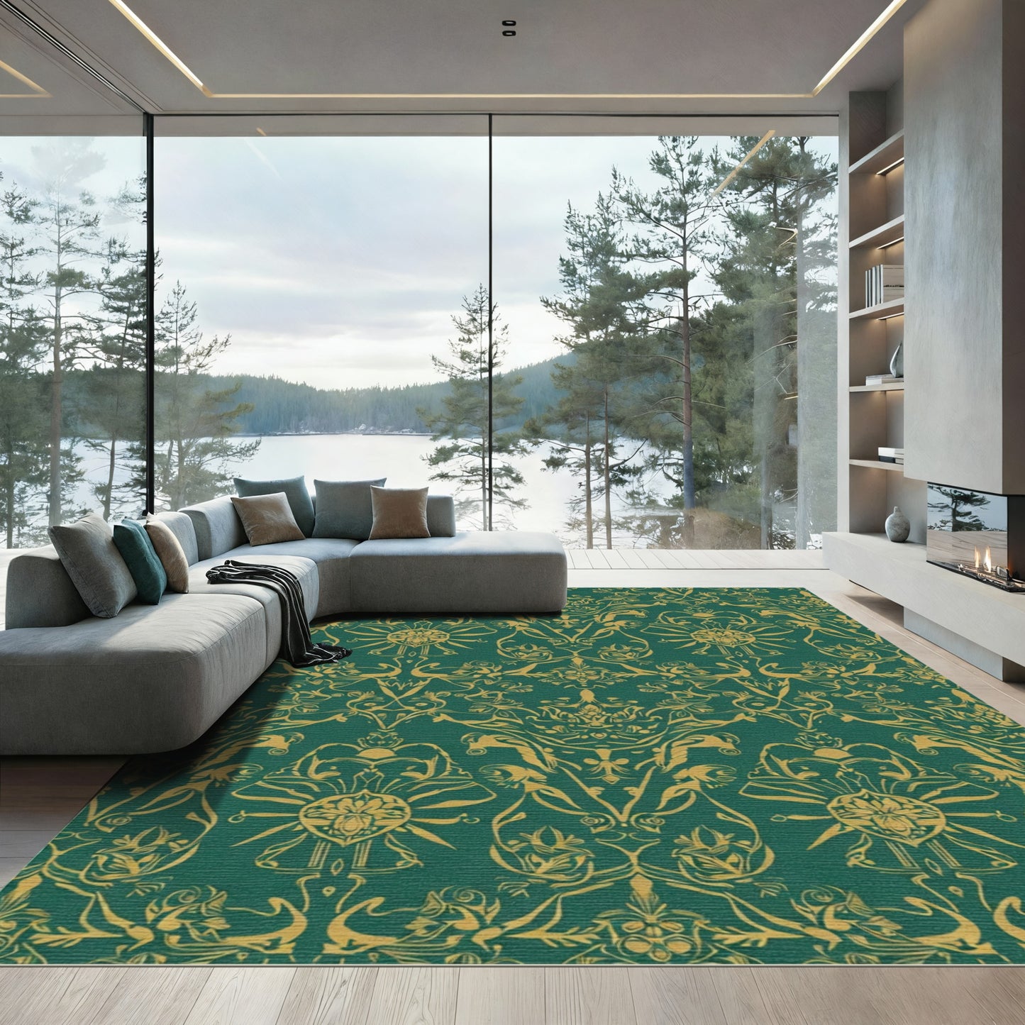 Deep Emerald Gold Damask Flourish Rug