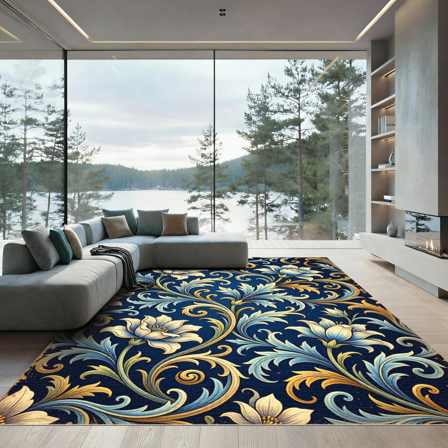 Elegant Gold and Blue Floral Scroll Rug
