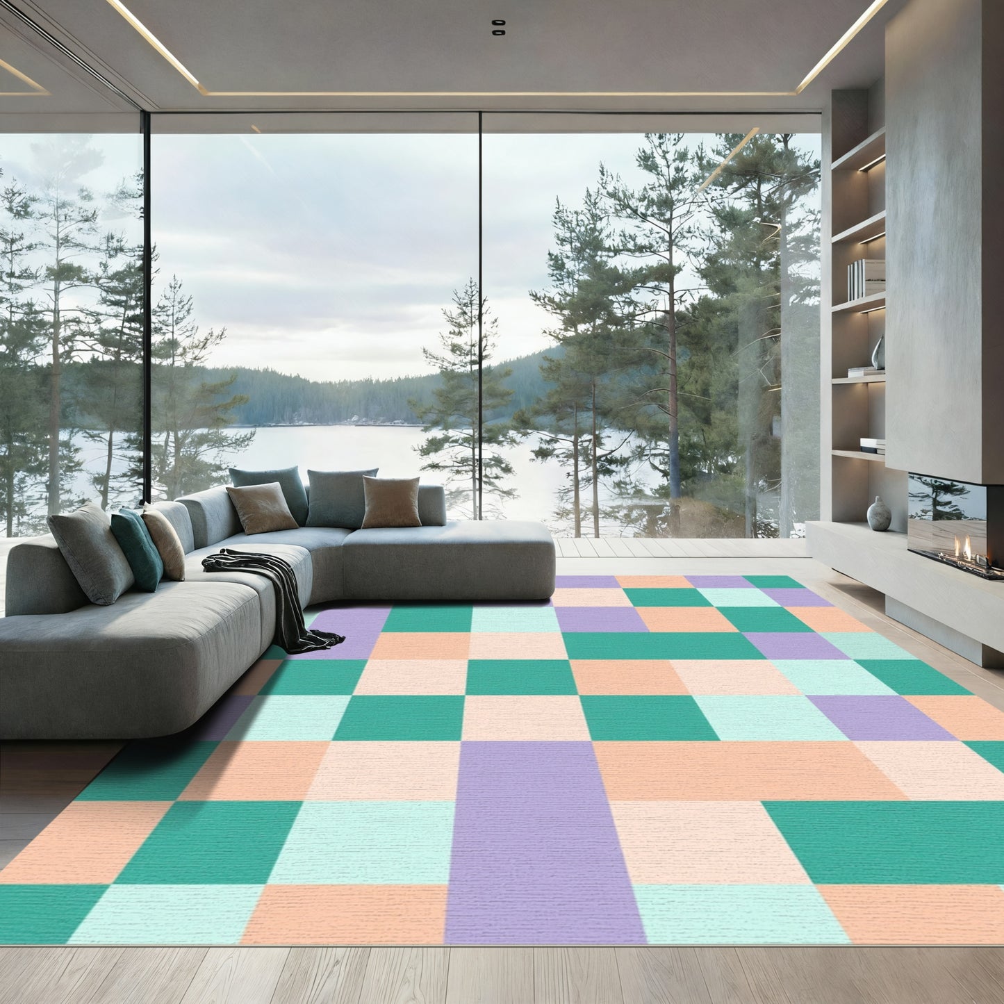 Pastel Geometric Checkered Patchwork Rug