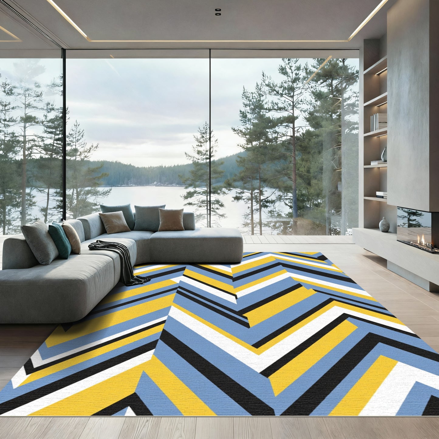Geometric Chevron Blue Yellow Rug